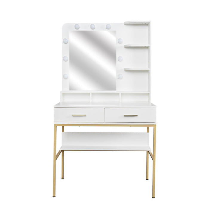 White modern simple vanity with stool, solid metal frame construction, 9 LED lights illuminate makeup mirror, adjustable brightness