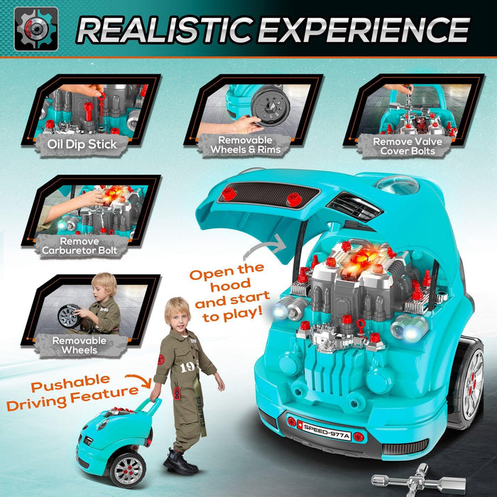 Kids Truck Engine Toy, Kids Mechanic Car Repair Set, Engine Disassembly Play Workshop, Includes 61 Pieces, Steering Wheel, Horn, Light for 3-5 Years Old, Teal