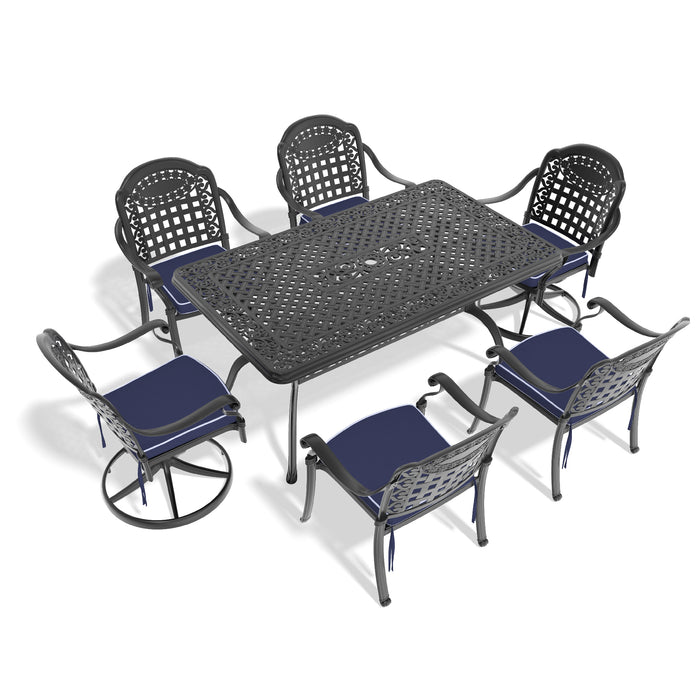 7-Piece All-Weather Cast Aluminum Dining Set, Include 2 Swivel Chairs,4 Dining Chairs and Rectangular Table With Black Frame - DTYStore