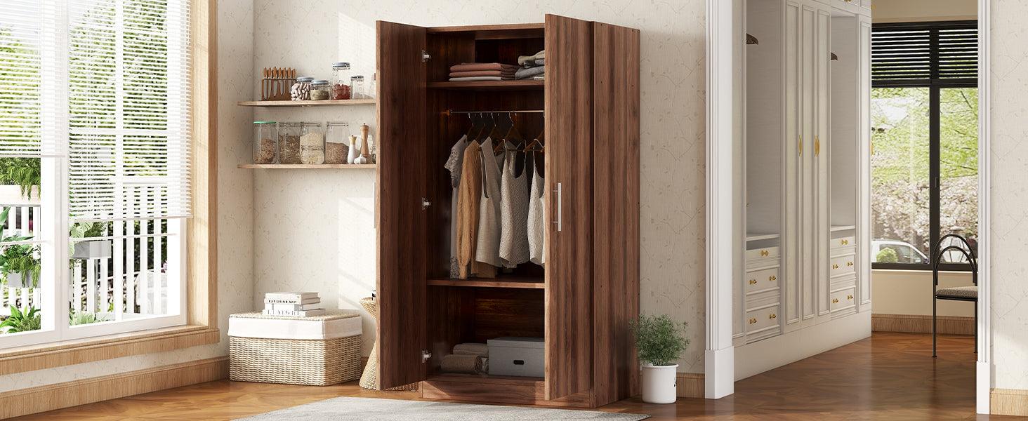 2-Door Wooden Wardrobe Armoire with 3 Storage Shelves, Brown