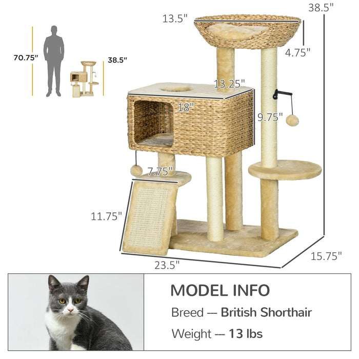 38" Cat Tree for Indoor Cats, Cat Tower with Scratching Posts, Ramp, Condo, Toy Balls, Platform, Bed, Ramp, Beige - DTYStore