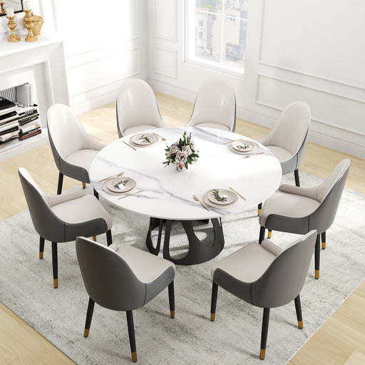 59.05" Round Marble Dining Table with Black Iron Metal Base, Artificial Marble for 6-8 People, Dining Room/Living Room Kitchen Dining Table,White (Dining Table Only) - DTYStore