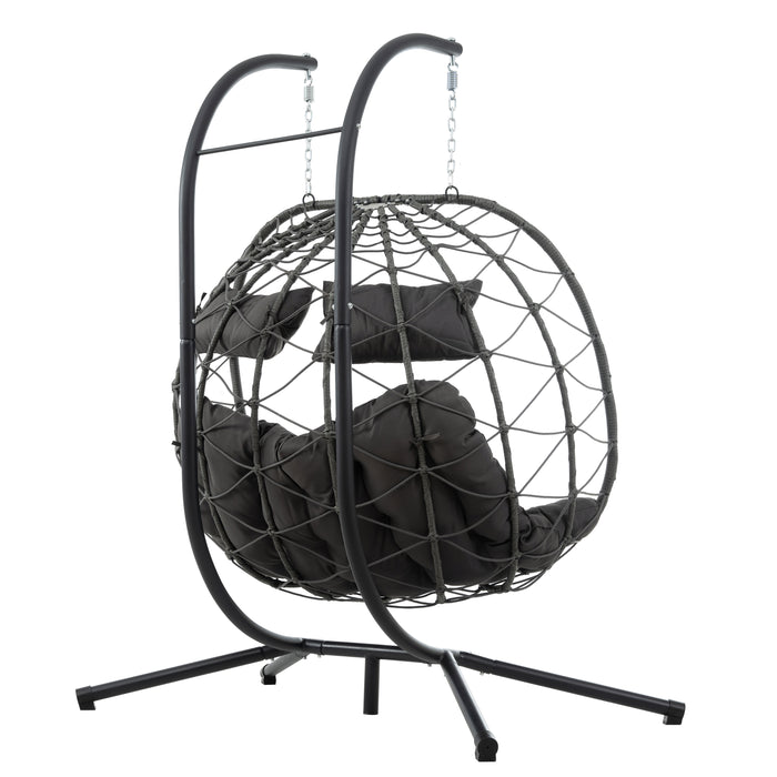 2 Persons Egg Chair with Stand Indoor Outdoor Swing Chair Patio Wicker Hanging Egg Chair Hanging Basket Chair with Stand for Bedroom Living Room Balcony - DTYStore