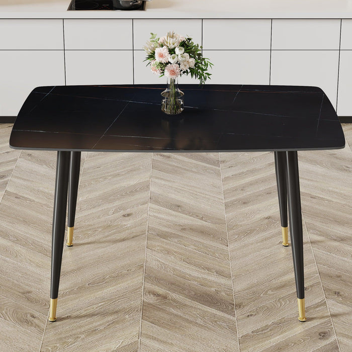 Modern Minimalist Dining Table. Black sintered stone tabletop with golden stripe pattern, black metal legs. Suitable for kitchen restaurantand and living room 50"*30"*30"