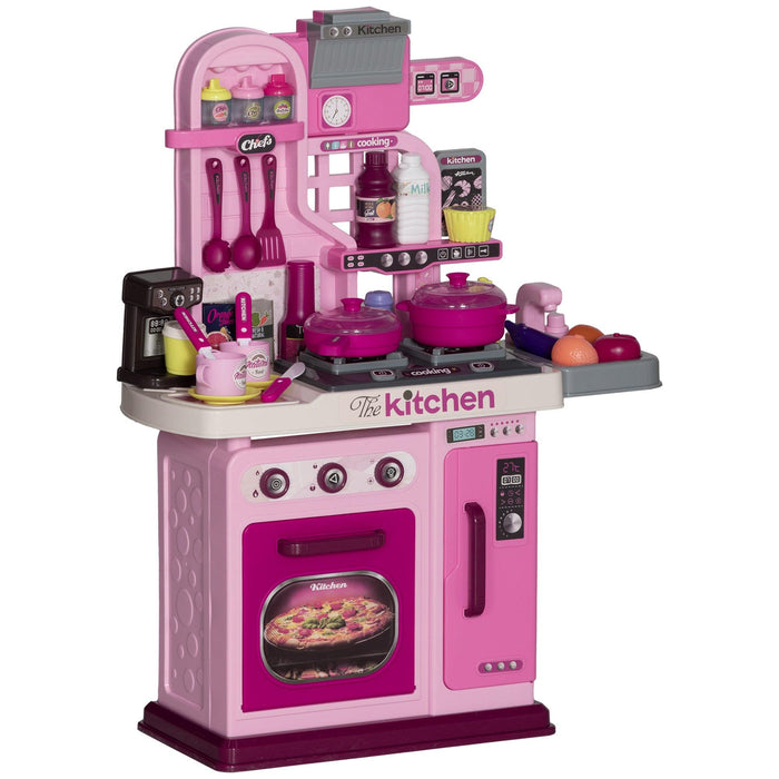 Play Kitchen, Kids Kitchen Playset Toy Kitchen with Lights, Sounds, 33 Accessories, Storage, Interactive Playset for Toddler 3-6 Years, Pink