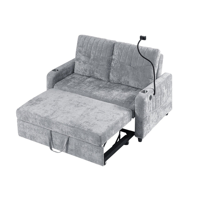 53.9" Modern Loveseat Pull-out Sofa Bed with Adjustable Backrest, Two Cup Holders , a Phone Holder, Three Charging Ports and Side Storage Pockets for Living Room, Grey