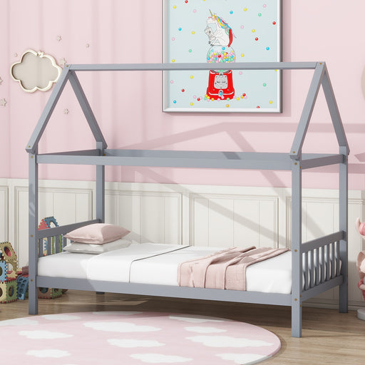 Twin House Bed with Headboard and Footboard, Twin Rubber Wood Bed with House Frame,Light Grey - DTYStore