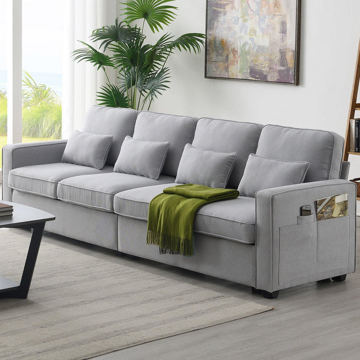 Modern Linen Fabric Sofa with Armrest Pockets and Pillows, Minimalist Style Couch Light Grey