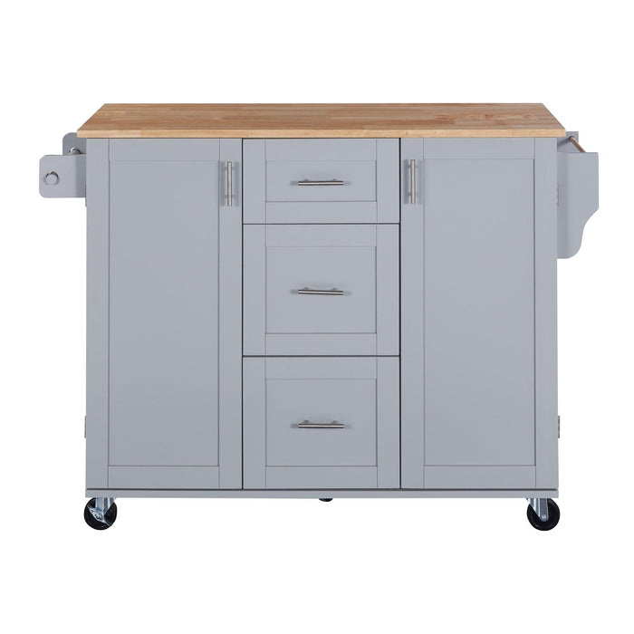 K&K Rolling Kitchen Island with Storage, Kitchen Cart with Rubber Wood Top, 3 Drawer, 2 Slide-Out Shelf and Internal Storage Rack, Kitchen Island on Wheels with Spice Rack & Tower Rack, Grey Blue