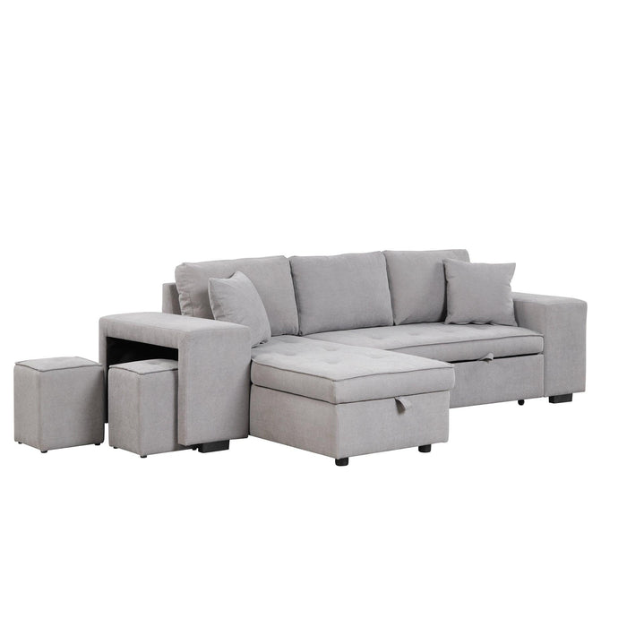 104.5" Pull Out Sleeper Sofa Reversible L-Shape 3 Seat Sectional Couch with Storage Chaise and 2 Stools for Living Room Furniture Set,Gray