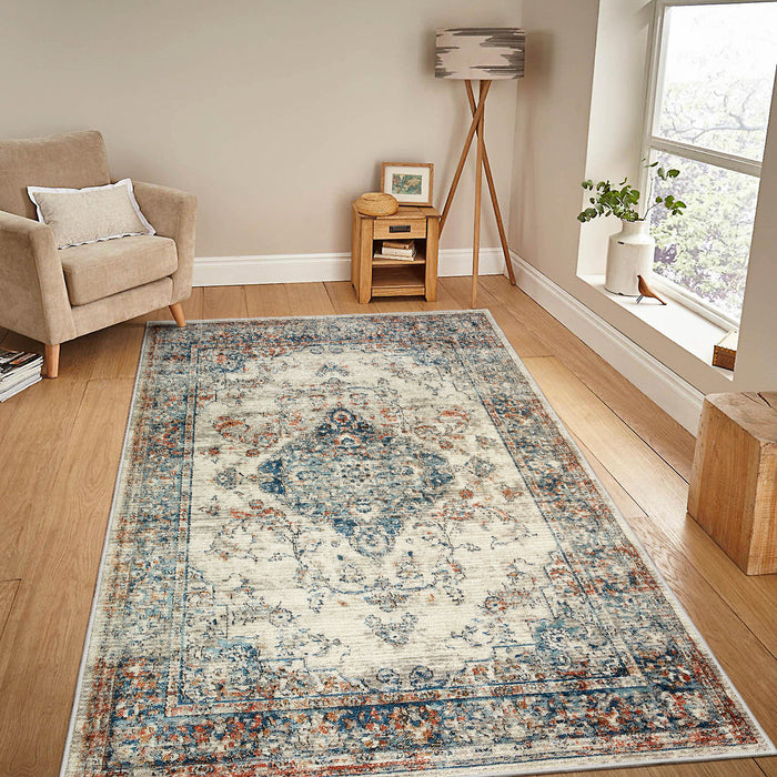 Area Rug 5x7 Vintage Bohemia Large Persian Non-slip Washable Rug For Living Room Kitchen Bedroom Living Room Flower Design Blue/Yellow - DTYStore