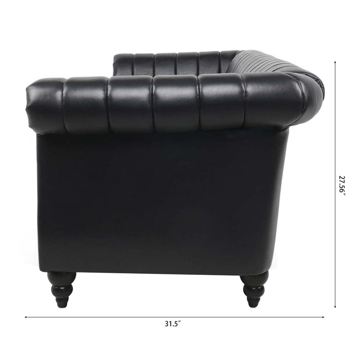 83.46'' Black PU Rolled Arm Chesterfield Three Seater Sofa.