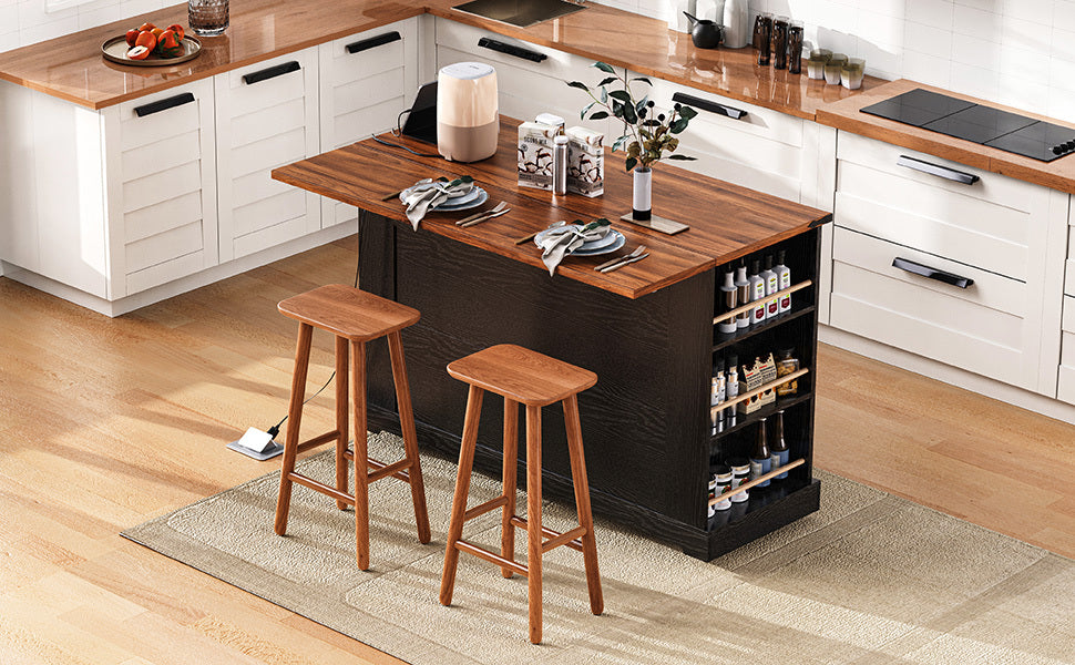 53'' Farmhouse Kitchen Island with Two Tempered Glass Cabinet Doors, Power Outlet, Rolling Kitchen Cart on Wheels with Drop Leaf, 5 Open Side Racks, 3 Drawers, for Kitchen, Dining Room, Black - DTYStore