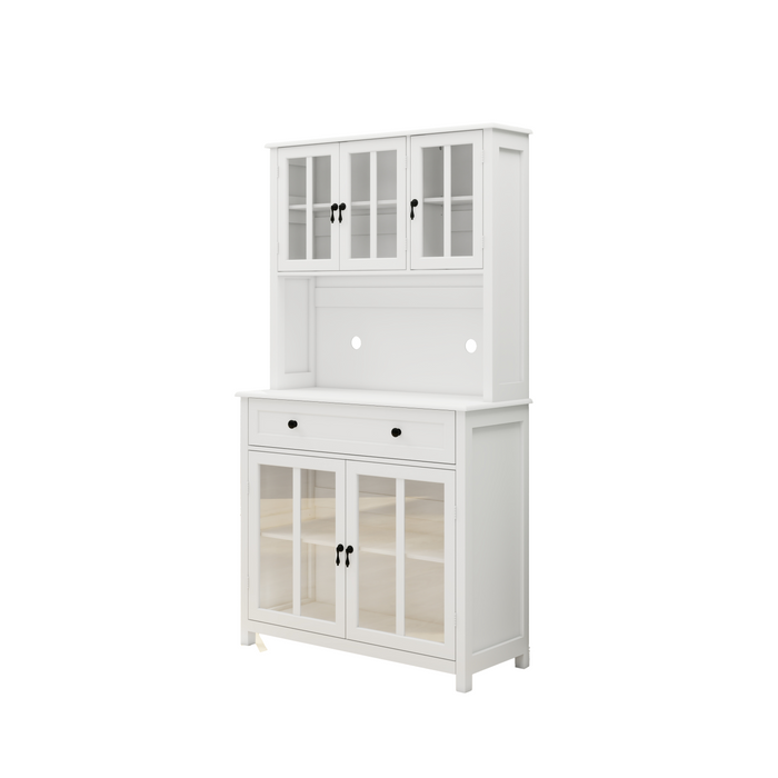 71' Pantry Storage Cabinet with Microwave Oven Countertop, Freestanding Hutch Cabinet with 3 Adjustable Shelves, 5 glass Doors and 1 Large Drawer-White - DTYStore
