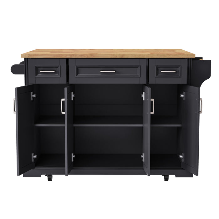 54inch Large Kitchen Island with Rubber Wood Drop Leaf, Embossed Texture Rolling Kitchen Cart on 4 Wheels with 4 Doors and 3 Drawers, Kitchen Island with Storage for Kitchen, Dining Room,Black - DTYStore
