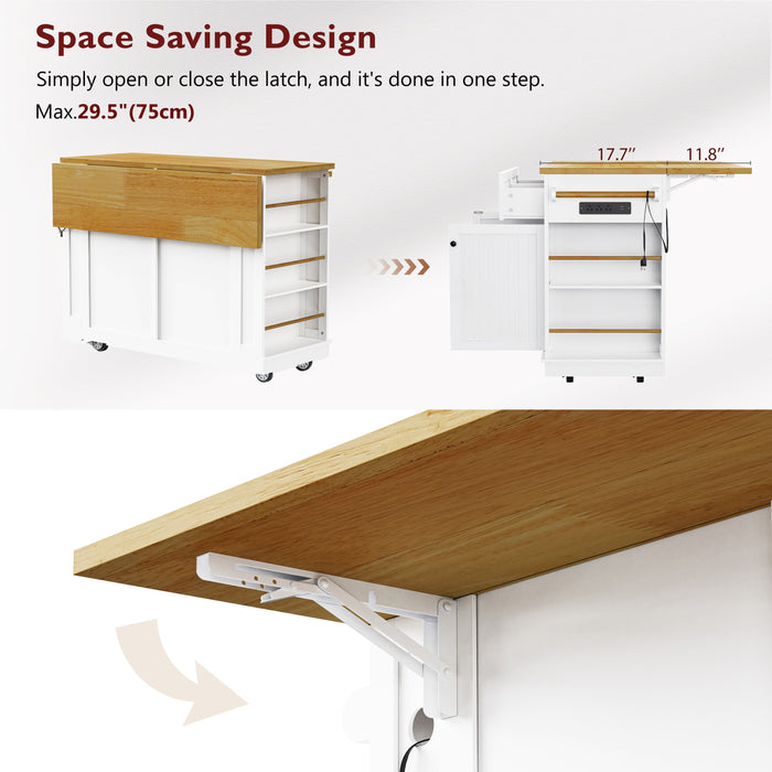 48inch Large Kitchen Island with 2 Bar Stools, Power Outlet, Door Internal Storage Rack, Kitchen Storage Cart on 5 Wheels with Drop Leaf, 5 Open Side Racks, 2 Drawers,for Kitchen,Dining Room,White - DTYStore