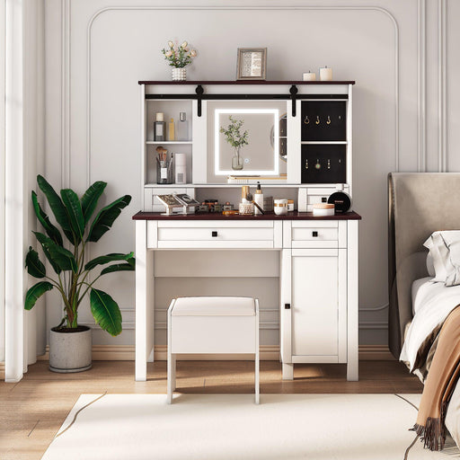 Farmhouse Makeup Vanity with Mirror and Lights,41.73" Wide Vanity Desk ,Vanity Table with 4 Drawers and 1 Cabinet,3 Color Modes, Dressing Table for Bedroom - DTYStore
