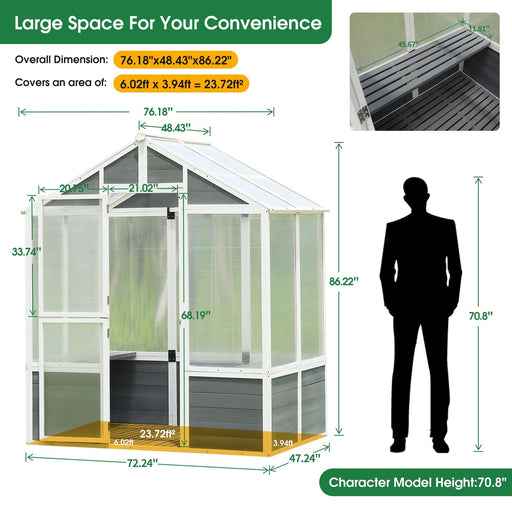 Greenhouse, Wooden Greenhouse Polycarbonate Garden Shed for Plants, 76''x48''x86'' Walk-in Outdoor Plant Gardening Greenhouse for Patio Backyard Lawn, Grow House with Front Entry Door - DTYStore