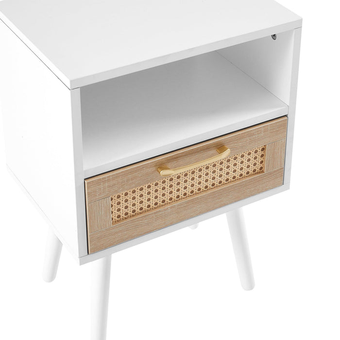 15.75" Rattan End table with drawer and solid wood legs, Modern nightstand, side table for living room, bedroom, white - DTYStore