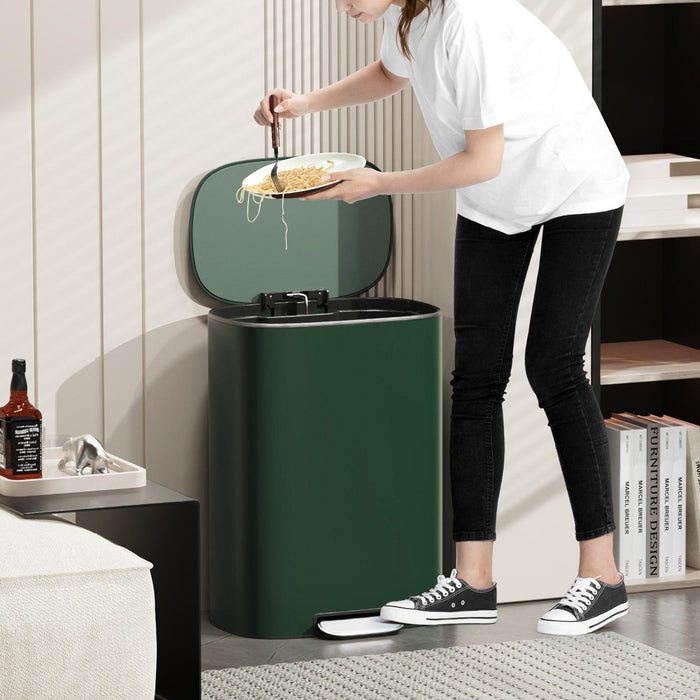 13 Gallon 50L Kitchen Foot Pedal Operated Soft Close Trash Can - Stainless Steel Ellipse Bin Green