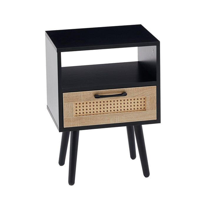 15.75" Rattan End table with drawer and solid wood legs, Modern nightstand, side table for living room, bedroom, black - DTYStore