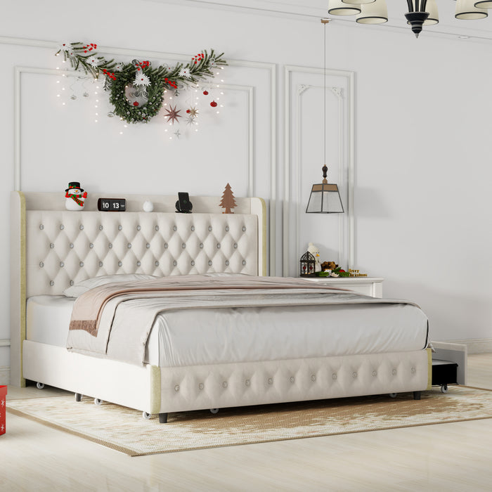 Queen size bed frame with 4 drawers, Star Projector Galaxy Light, Wingback Upholstered Headboard with Diamond Button, USB Charger and music speaker, PU Leather - DTYStore
