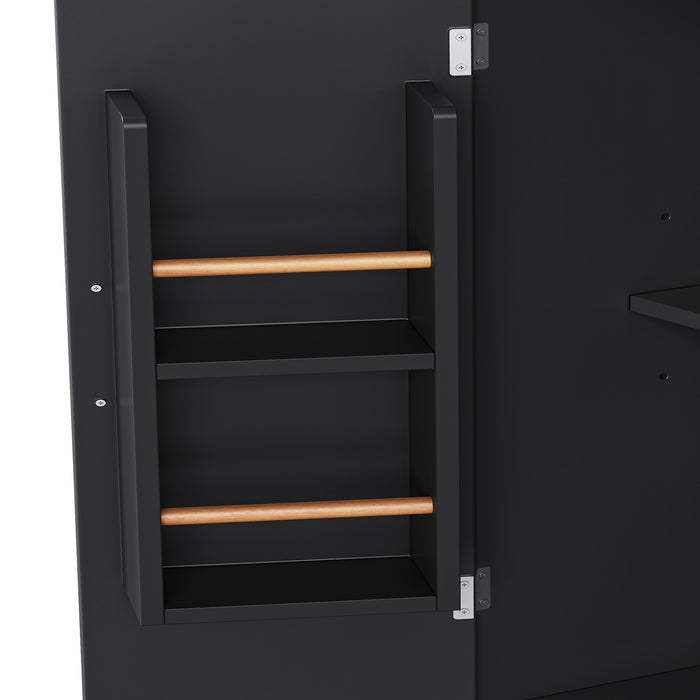56 inch Kitchen Island with Rubber Wood Veneer Drop Leaf, Power Outlet, 4 Door Shelves, Embossed Vertical Stripe Rolling Kitchen Cart on 4 Wheels with 6 Deep Drawers for Kitchen, Dining Room,Black - DTYStore