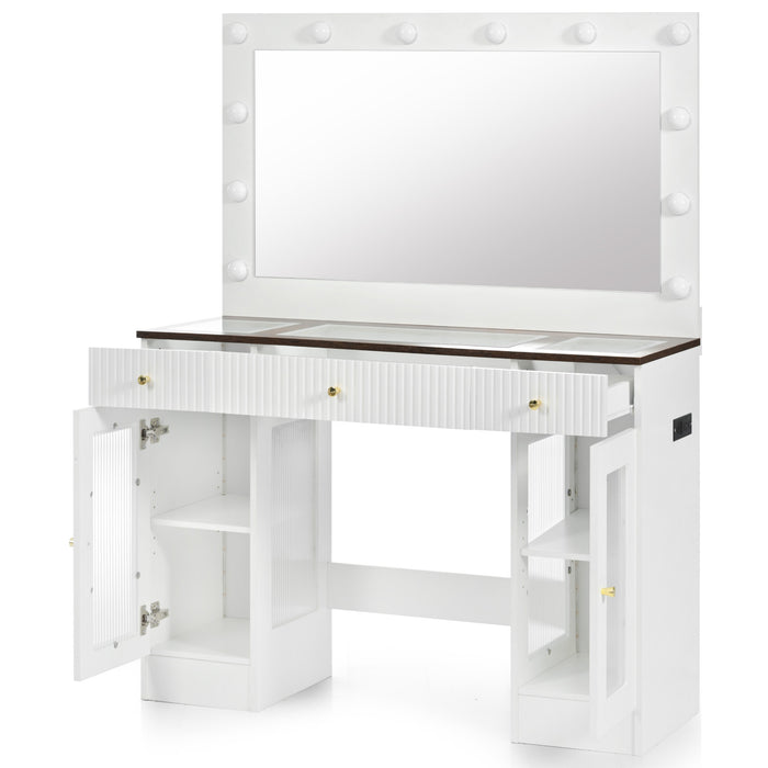43.3' Vanity Desk with Large Mirror and Hollywood Bulbs, Modern Glass Top Makeup Vanity with Drawers and Power Outlet, Large Dressing Table with 3 Color Lighting Modes & RGB Cabinets for Bedroom - DTYStore