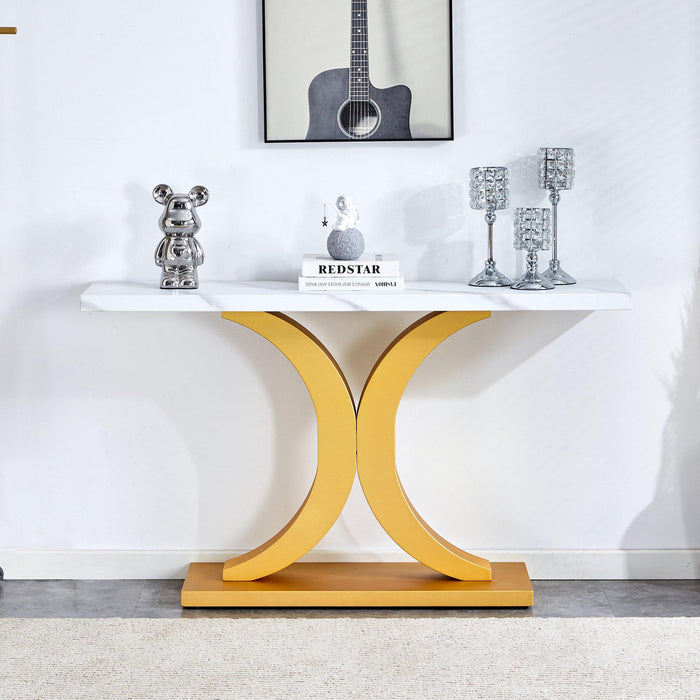 A modern minimalist style foyer table with white tabletop, gold bracket, and bottom plate, enhancing the beauty and artistic atmosphere of the home, suitable for the foyer FXG