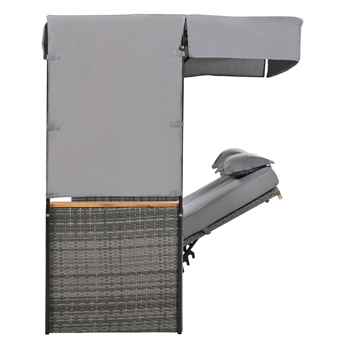 2-Piece Outdoor Rattan Daybed, Outdoor Bed with 5 Positions, Outdoor Loveseat Patio Sofa with Bench Lounge Roof Set and Cushions for Poolside, Backyard and Garden (Grey Wicker + Grey Fabric) - DTYStore