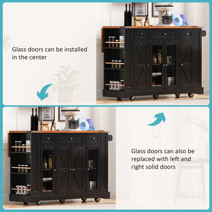 53'' Farmhouse Kitchen Island with Two Tempered Glass Cabinet Doors, Power Outlet, Rolling Kitchen Cart on Wheels with Drop Leaf, 5 Open Side Racks, 3 Drawers, for Kitchen, Dining Room, Black - DTYStore