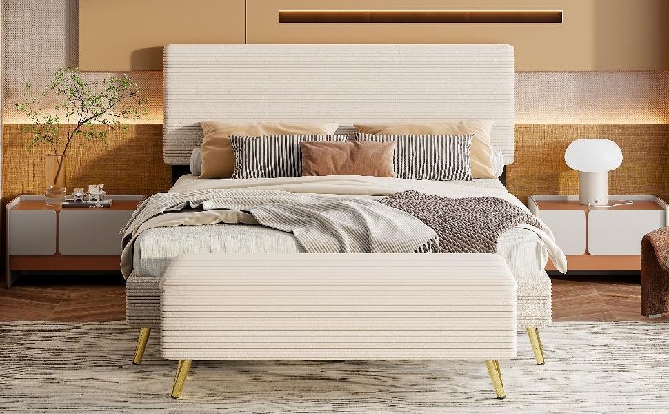 2 Pieces Bedroom Sets Queen Size Upholstered Bed Frame with Modern Corduroy Storage Ottoman