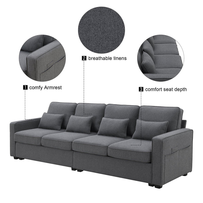 Modern Linen Fabric Sofa with Armrest Pockets and Pillows, Minimalist Style Couch