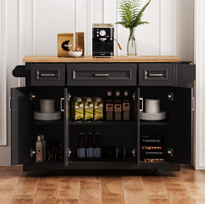 54inch Large Kitchen Island with Rubber Wood Drop Leaf, Embossed Texture Rolling Kitchen Cart on 4 Wheels with 4 Doors and 3 Drawers, Kitchen Island with Storage for Kitchen, Dining Room,Black - DTYStore