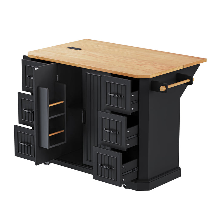 56 inch Kitchen Island with Rubber Wood Veneer Drop Leaf, Power Outlet, 4 Door Shelves, Embossed Vertical Stripe Rolling Kitchen Cart on 4 Wheels with 6 Deep Drawers for Kitchen, Dining Room,Black - DTYStore