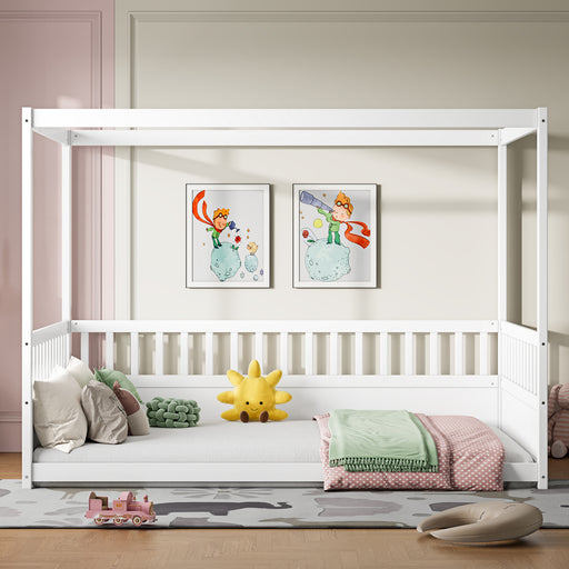 Full Size Canopy Bed Frame with Guardrails for Kids,Floor Bed Full with Four Poster Design,Kids Montessori Floor Bed,Wood Canopy Bed Frame for Girls,Boys(Full,White) - DTYStore
