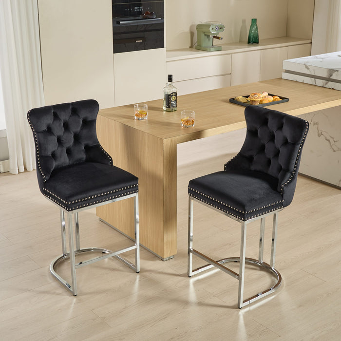 25' Counter Height Bar Stools Set of 2, Modern Velvet Barstools with Button Back&Rivet Trim Upholstered Kitchen Island Chairs with Sturdy Chromed Metal Base Legs Farmhouse Bar Stools, (Black,2 Pack) - DTYStore