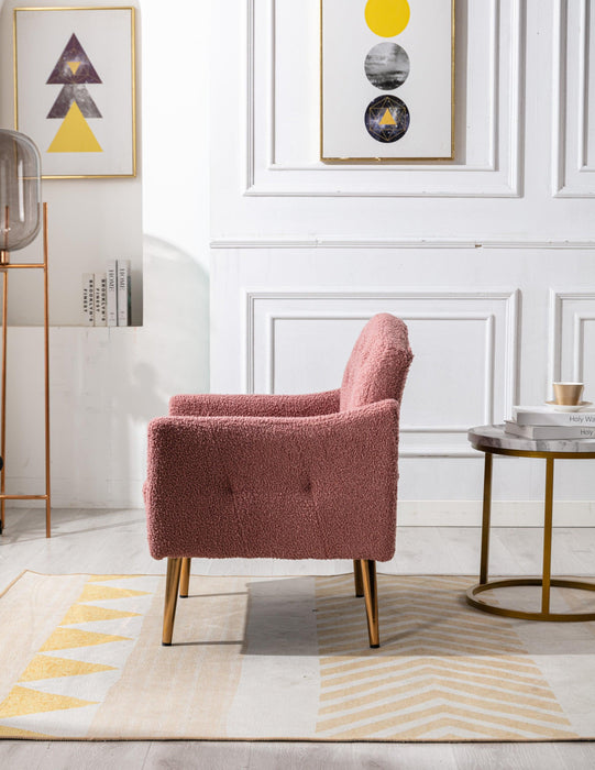 COOLMORE Modern Accent Chair with Arms, Tufted Decorative Fabric Armchair with Gold Metal Legs, Upholstered Reading Chair for Living Room Bedroom Office (Brush Pink Teddy)