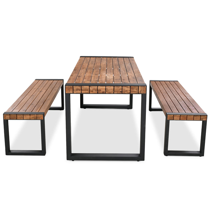 GO 3-pieces Outdoor Dining Table With 2 Benches, Patio Dining Set With Unique Top Texture, Acacia Wood Top & Steel Frame, All Weather Use, For Outdoor & Indoor, Natural - DTYStore
