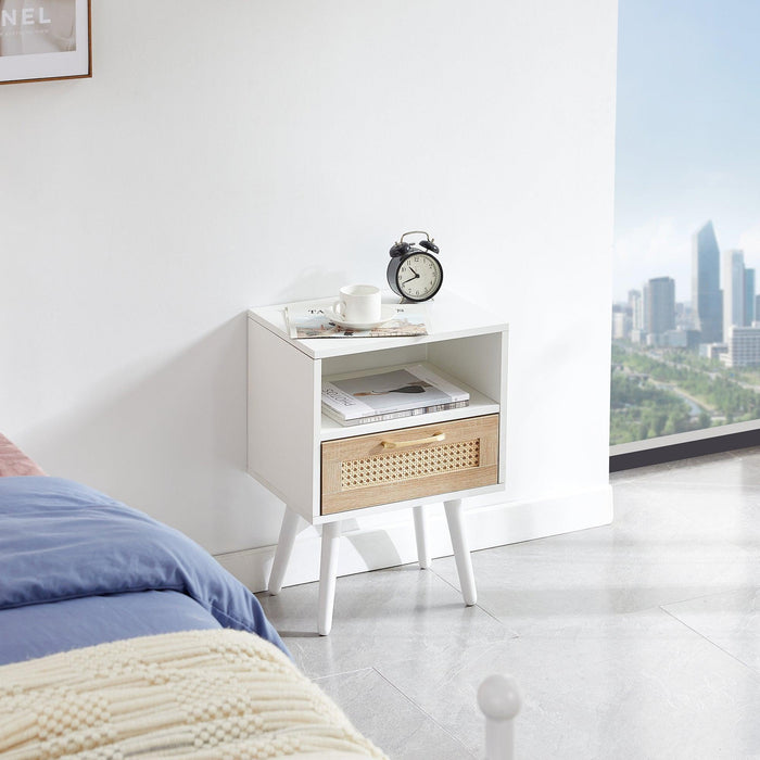 15.75" Rattan End table with drawer and solid wood legs, Modern nightstand, side table for living room, bedroom, white - DTYStore