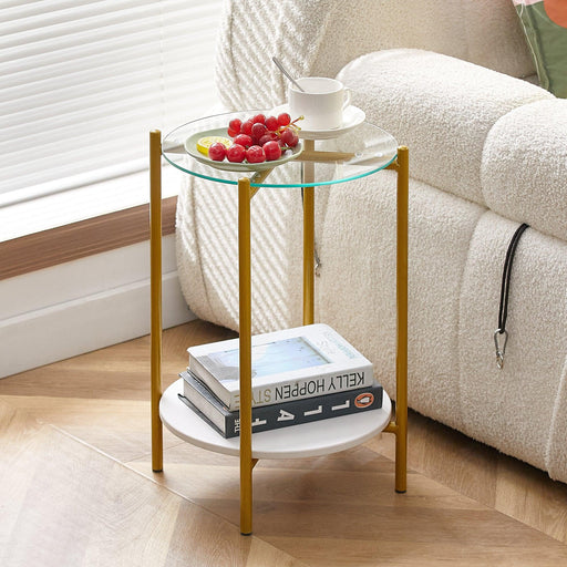 2-layer End Table with Tempered Glass and Marble Tabletop, Round Coffee Table with Golden Metal Frame for Bedroom Living Room Office (1 piece) - DTYStore
