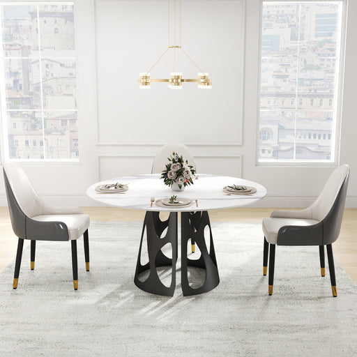 53" Round Marble Dining Table with Black Iron Metal Base, Artificial Marble for 6 People, Dining Room/Living Room Kitchen Dining Table,White (Dining Table Only) - DTYStore