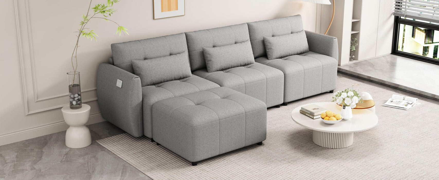 113.3" Convertible Sectional Sofa Couch 3-Seat L-Shaped with Movable Ottoman and USB