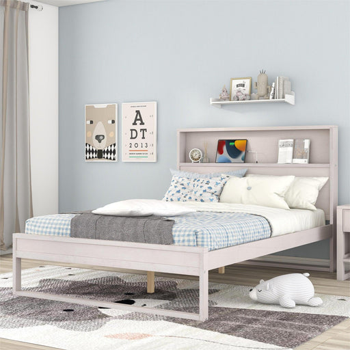 Platform Bed with Storage Headboard,Sockets and USB Ports,Full Size Platform Bed,Antique White - DTYStore