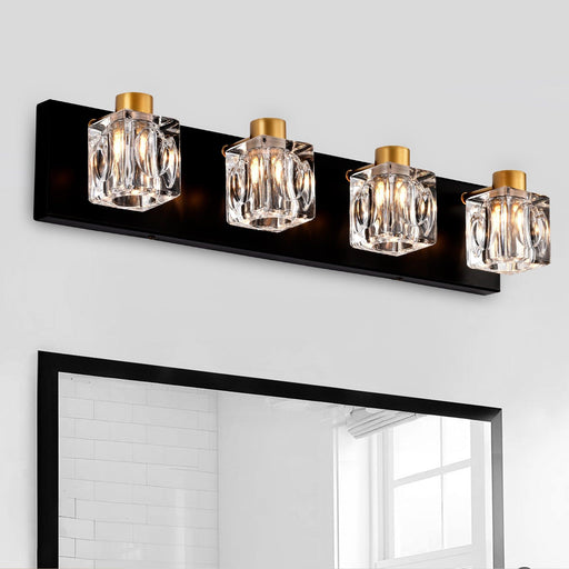 4-Light Matte Black + Gold Bathroom Light Fixtures, Modern Vanity Lights with Crystal Glass Shade, Vintage Light Fixture Bathroom Over Mirror Wall Lights for Kitchen Dinning Room Bedroom Hallway - DTYStore