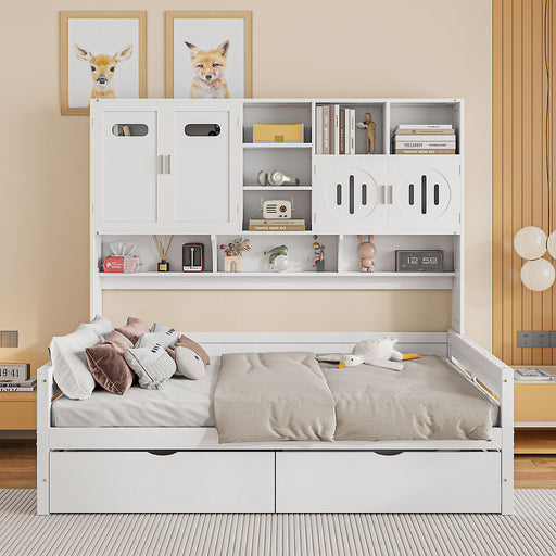 Full Size Wooden Daybed With 2 Drawers, and All-in-One Cabinet and Shelf, White - DTYStore