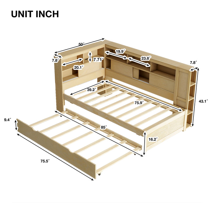 Twin Size Wood Daybed with Storage Shelves, USB and Trundle, Natural - DTYStore
