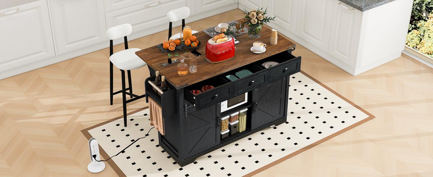 K&K 53.7" Farmhouse Kitchen Island with Power Outlet, 2 Sliding Barn Door Kitchen Storage Island with Drop Leaf, Spice Rack Rolling Kitchen Cart on Wheels, for Home, Kitchen and Dining Room, Black