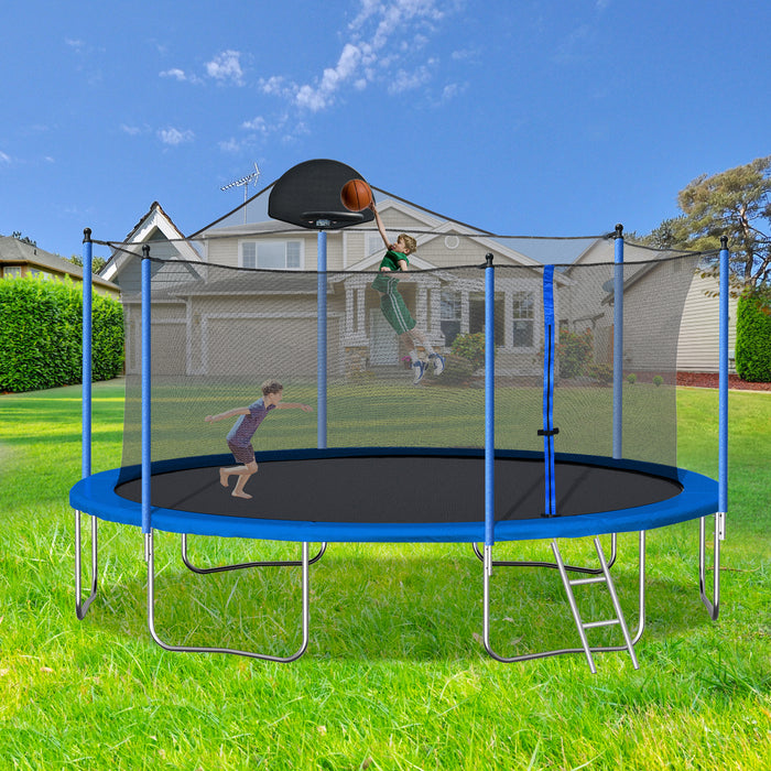 14FT Trampoline for Adults & Kids with Basketball Hoop, Outdoor Trampolines w/Ladder and Safety Enclosure Net for Kids and Adults,Double-side Color cover - DTYStore