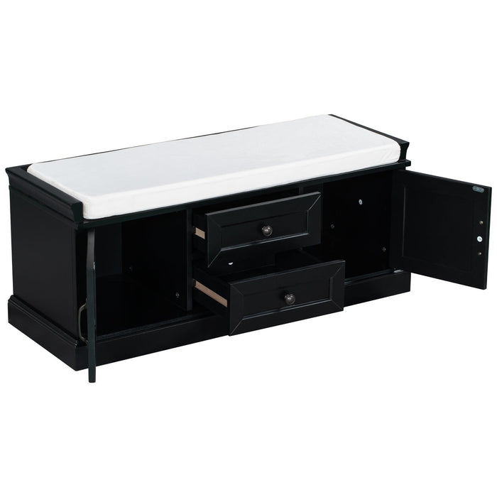 TREXM Storage Bench with 2 Drawers and 2 Cabinets, Shoe Bench with Removable Cushion for Living Room, Entryway (Black)